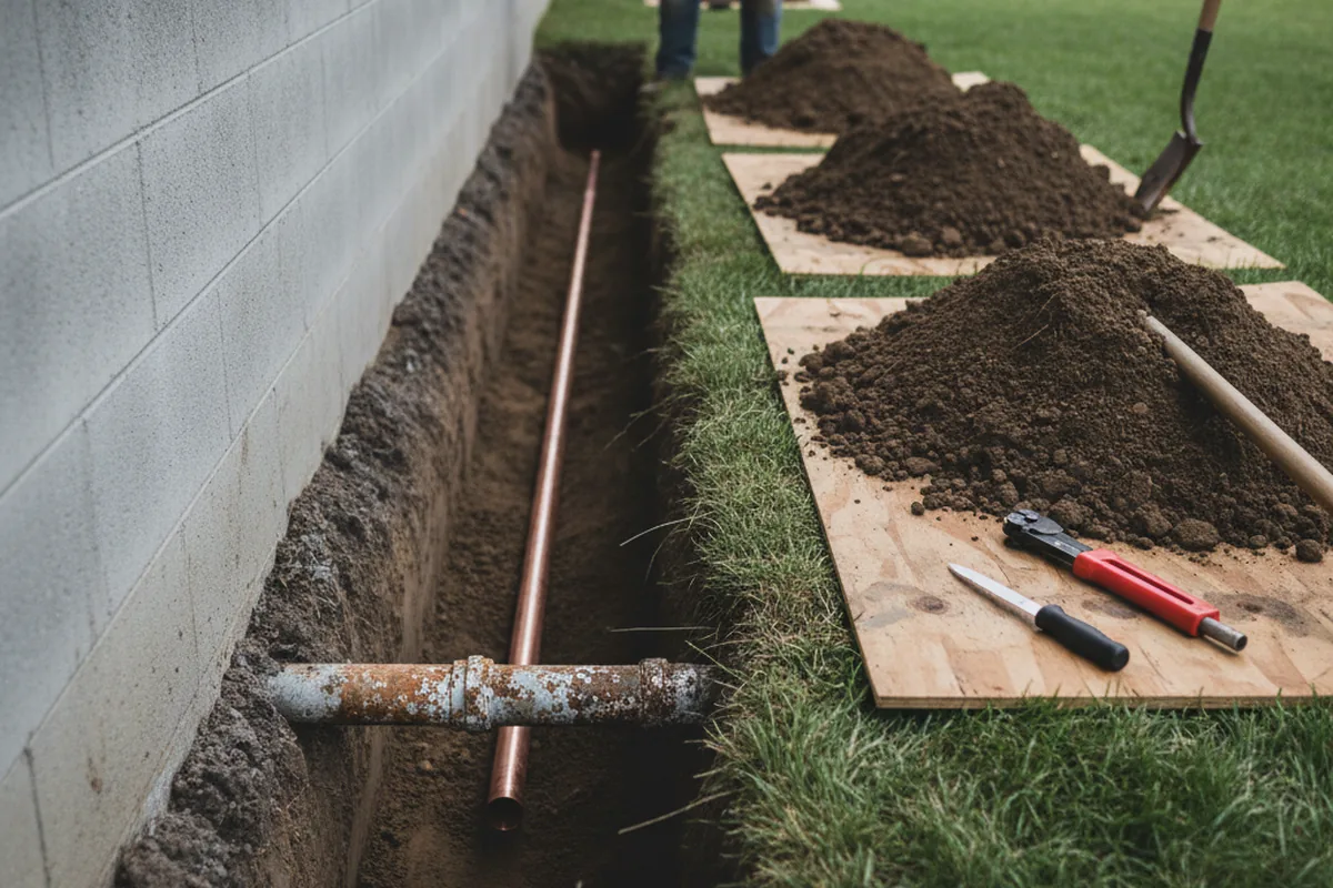 Excavated water line trench during Water Softener Installation in Charleroi